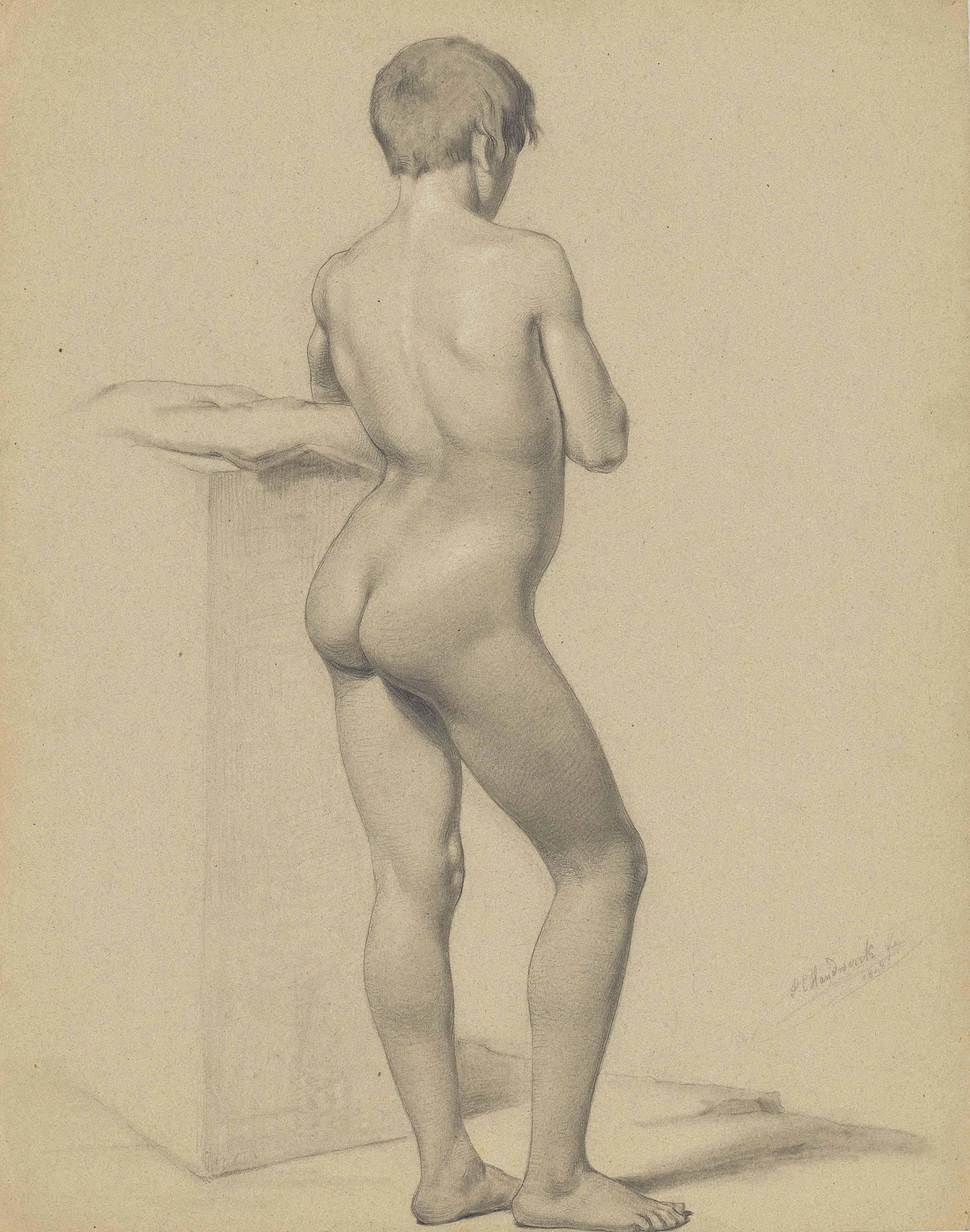 Johann Jakob Eduard Handwerk - A Young Boy Standing, Seen From Behind; A Seated Male Nude With A Bow; A Male Nude With A Bow; And A Standing Male Nude Leaning On A Block