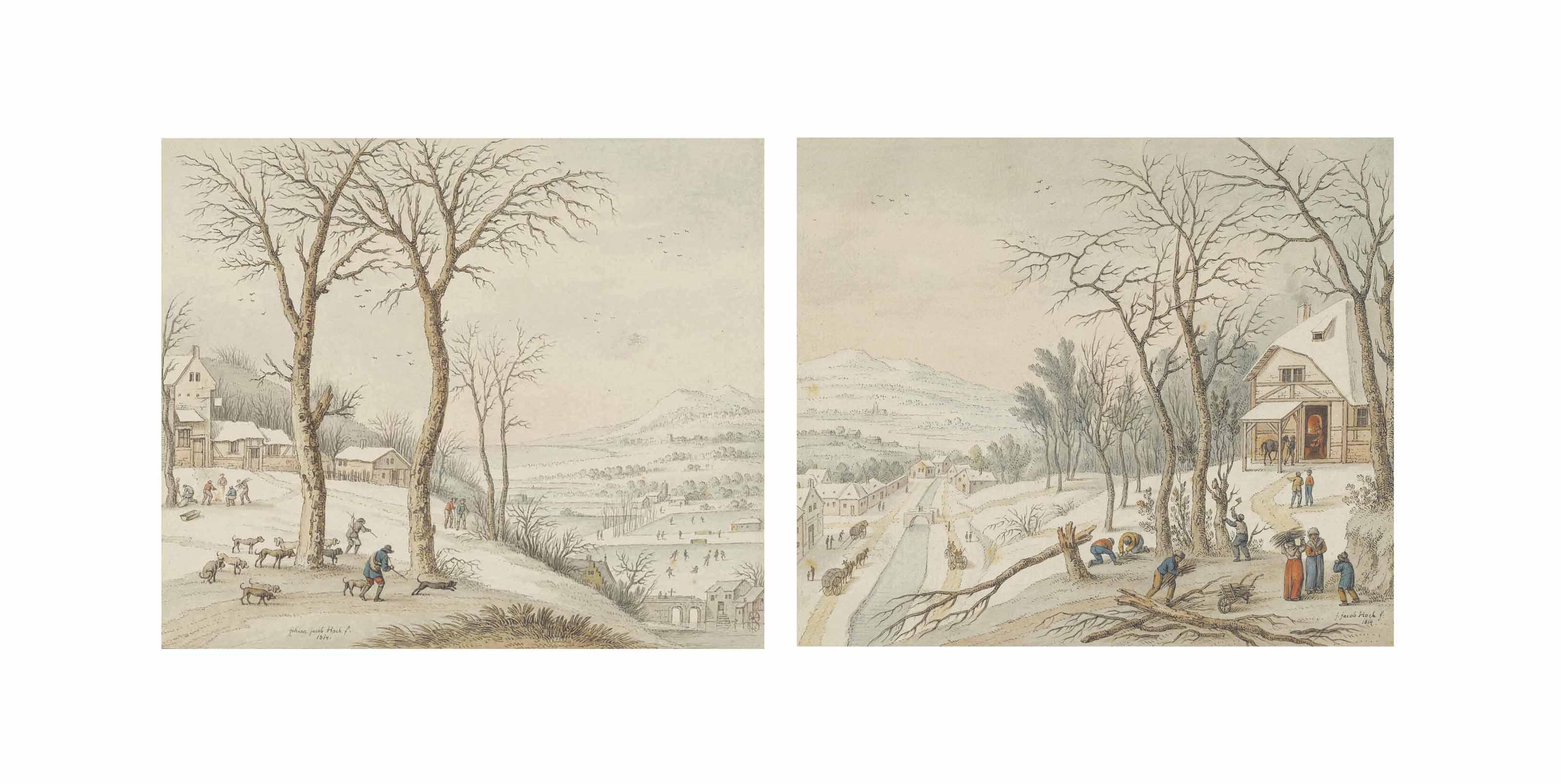 Johann Jakob Hoch - Hunters In A Winter Landscape With Skaters Beyond; And Woodcutters Beside A Forge In A Winter Landscape