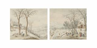 Johann Jakob Hoch - Hunters In A Winter Landscape With Skaters Beyond; And Woodcutters Beside A Forge In A Winter Landscape