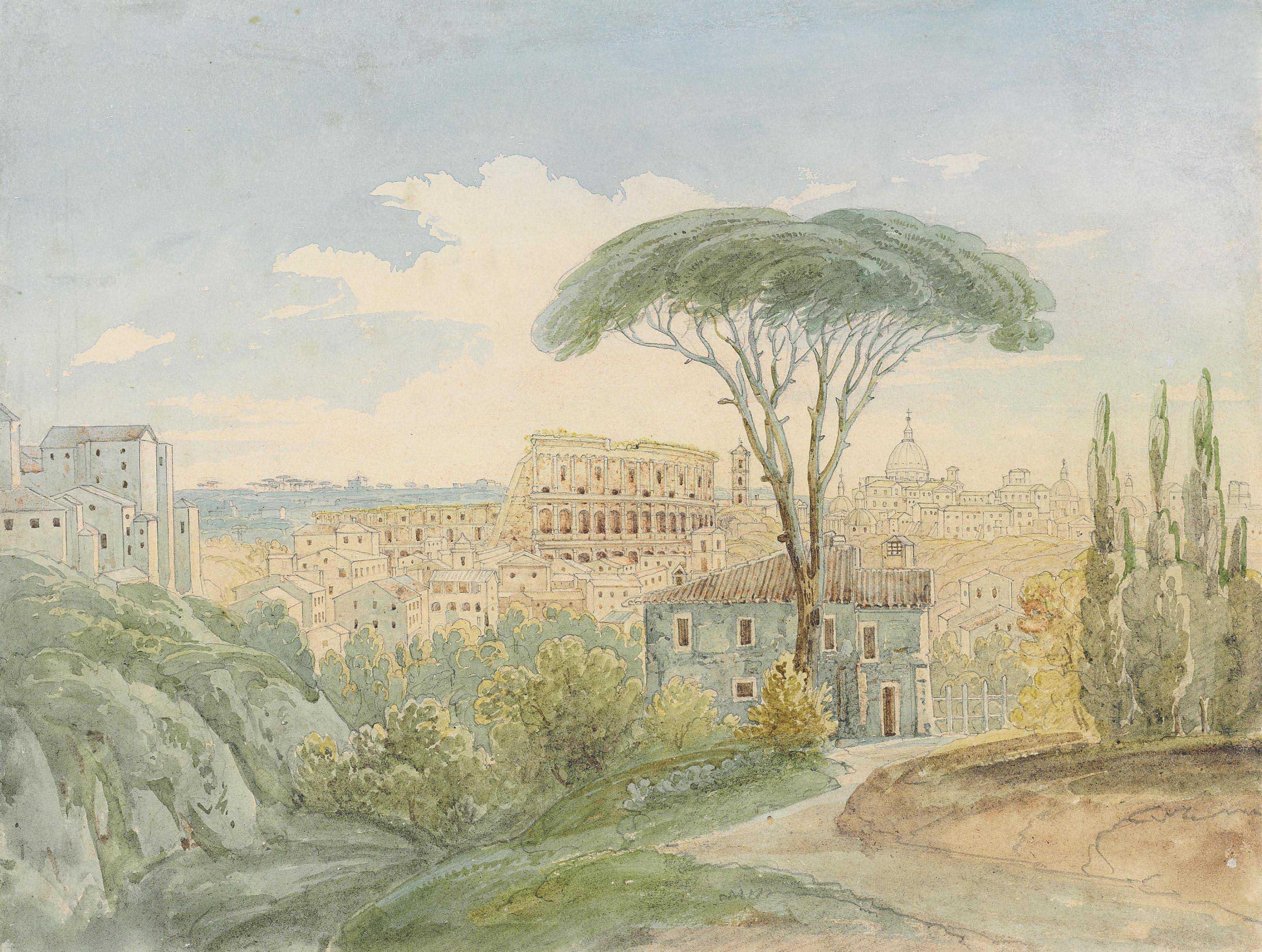 Johann Jakob Wolfensberger - An extensive view of Rome with the Colosseum and Saint Peter\'s