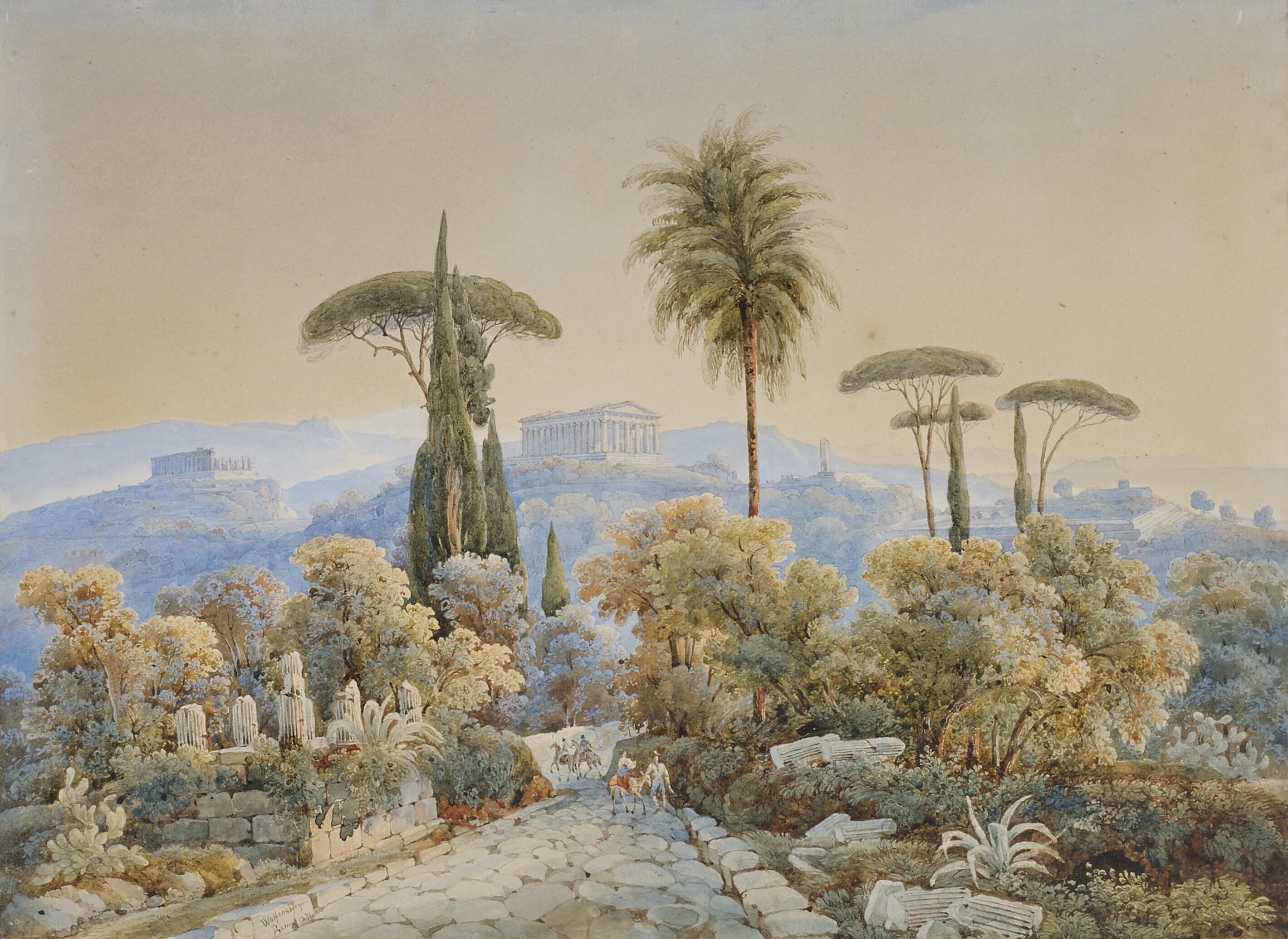 Johann Jakob Wolfensberger - Vue Du Forum Romain; Et La Vallée Des Temples D\'Agrigente En Sicile Avec Le Temple De La Concorde Et Le Temple D\'Héra