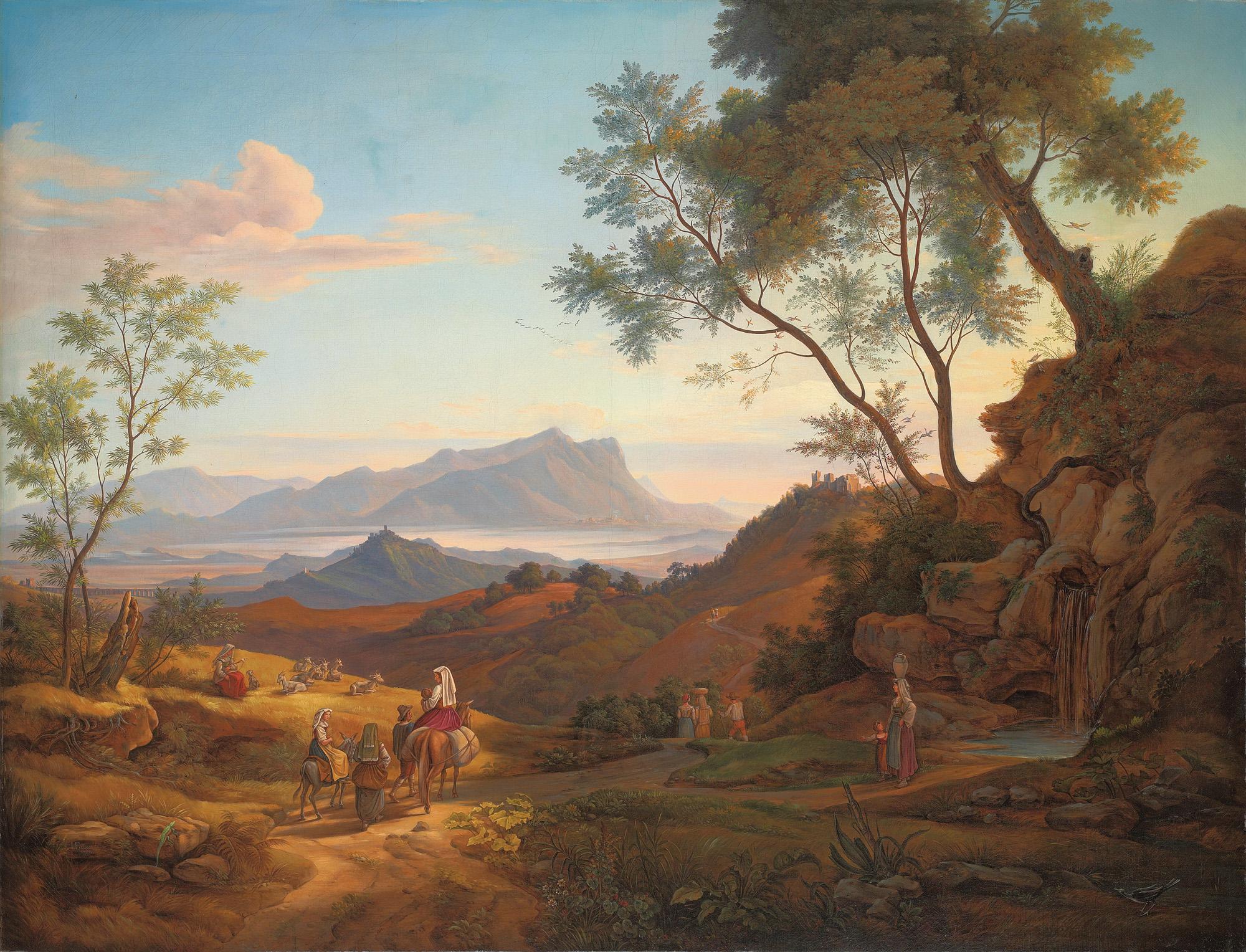 Johann Joachim Faber - An Italianate landscape with travellers and their herd, with the Monte Circeo and the sea beyond