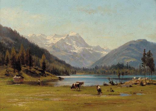 Johann-Joseph Geisser - A herdsman and his livestock by an Alpine lake