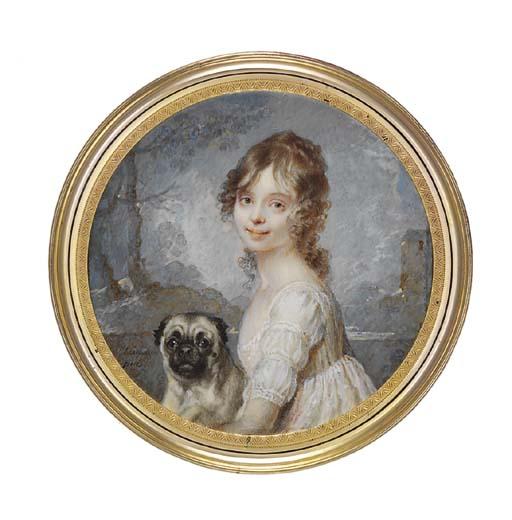 Johann Julius Heinsius - A Girl, In A White Dress Holding A Pug Dog, With A Landscape Background