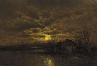 Johann Jungblut - A river landscape at dusk