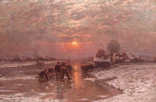 Johann Jungblut - A winter landscape at dusk with figures fishing on the ice