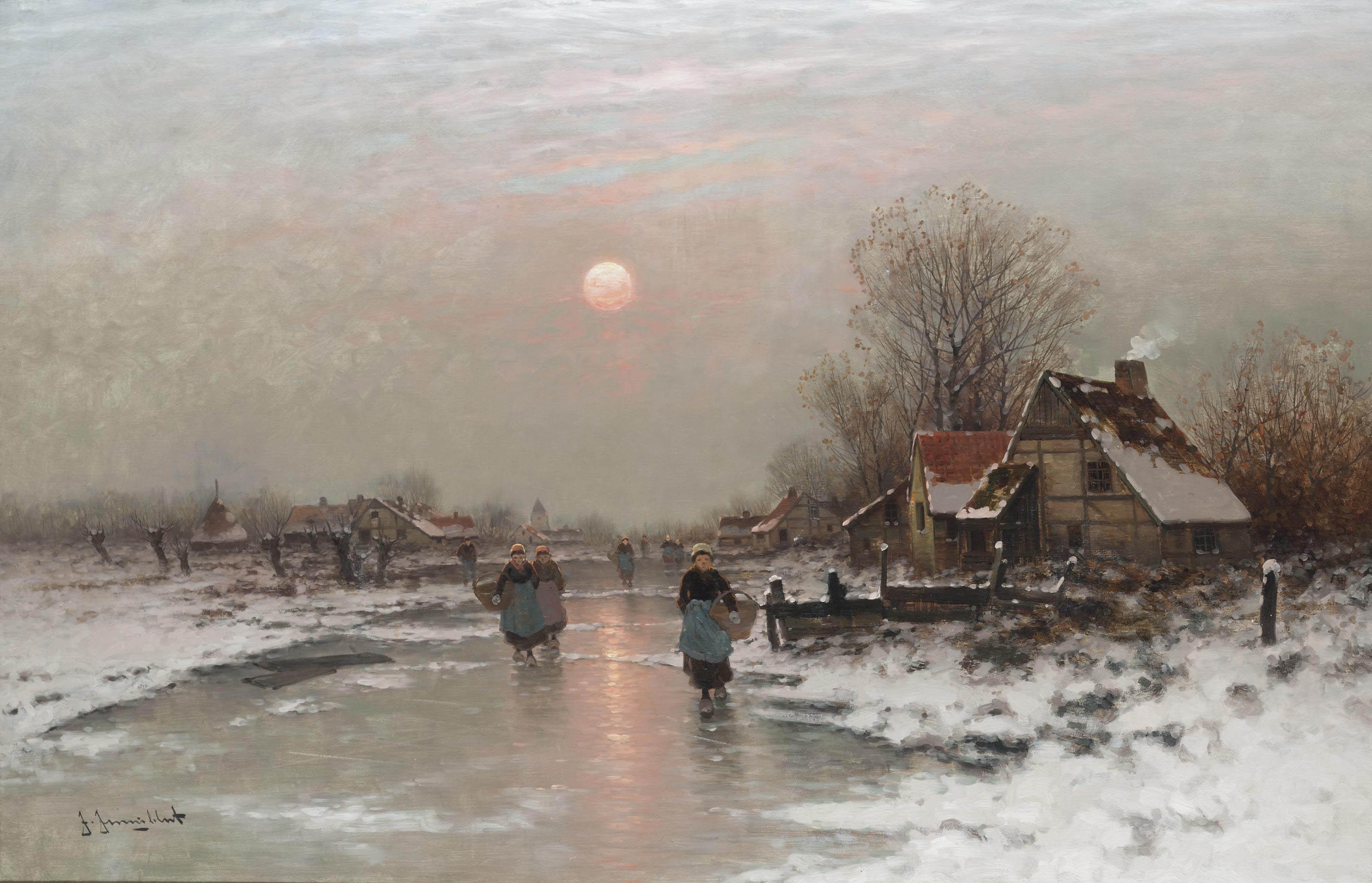 Johann Jungblut - Dutch peasants on a frozen waterway at sundown
