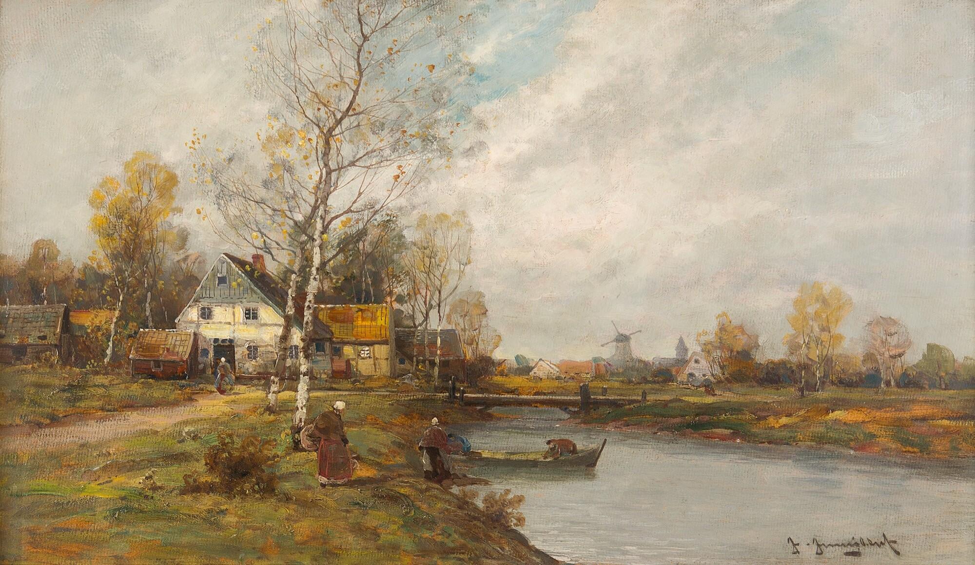 Johann Jungblut - Fischerdorf an einem Fluß.