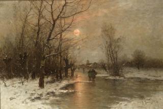 Johann Jungblut - Peasants on a frozen waterway at dusk