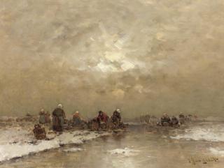 Johann Jungblutt - Fishermen at work in a frozen winter landscape