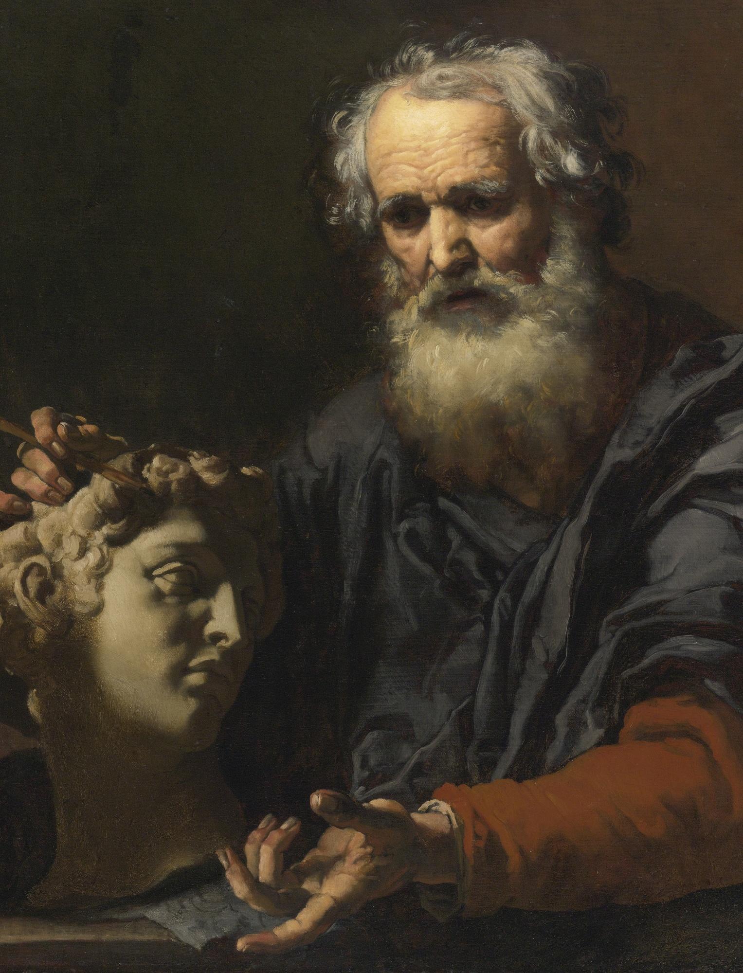 Johann Karl Loth - Portrait Of An Old Man With Bust, Praxiteles (?)