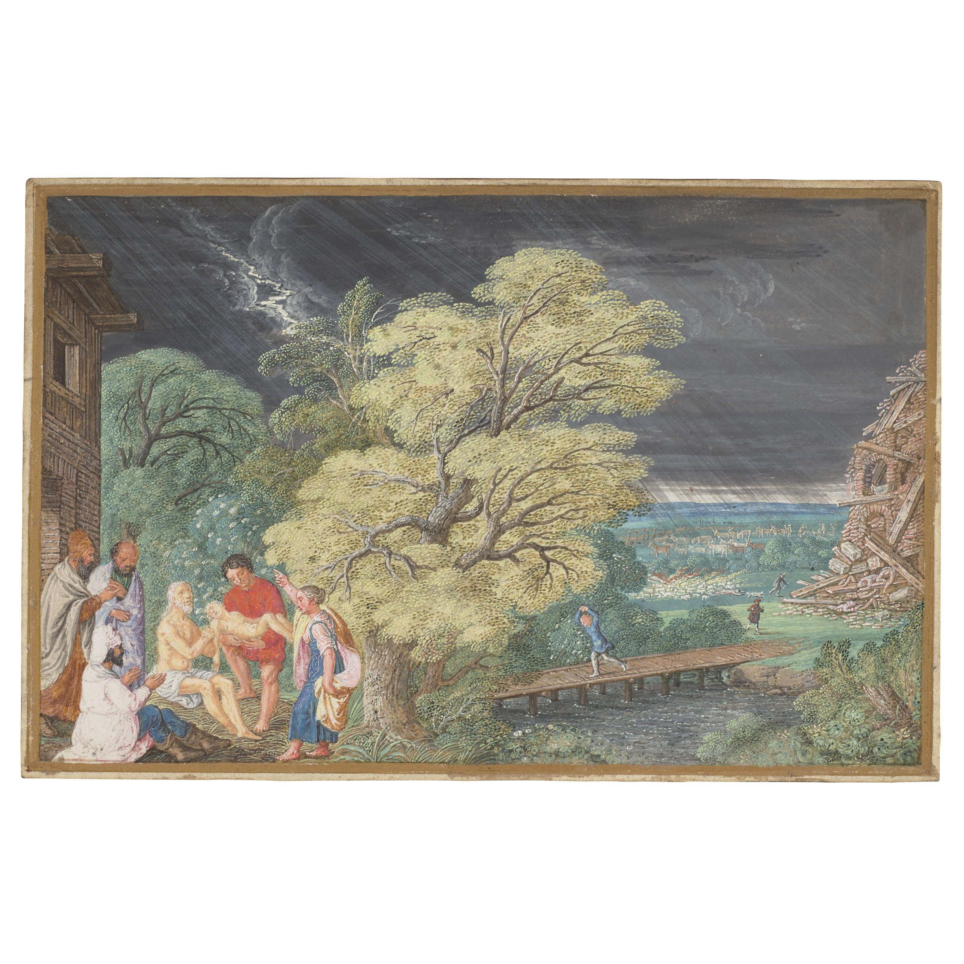 Johann König - Job on the dung heap with his three friends and other figures in a stormy landscape