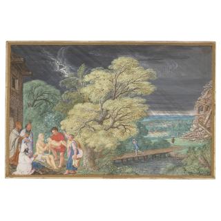 Johann König - Job on the dung heap with his three friends and other figures in a stormy landscape