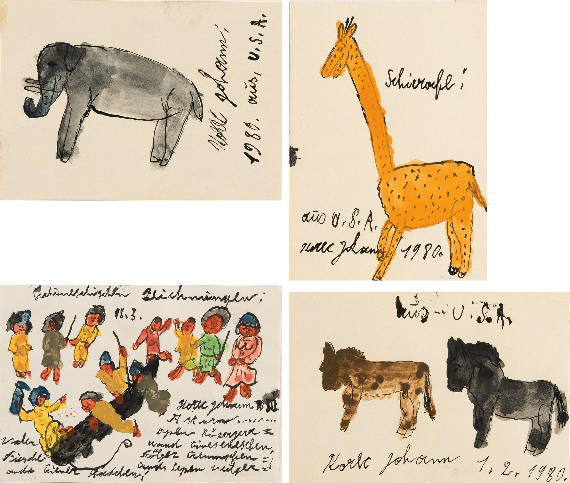 Johann Korec - 4 Bll.: Elefant – Giraffe – Fischfang – Pferde
