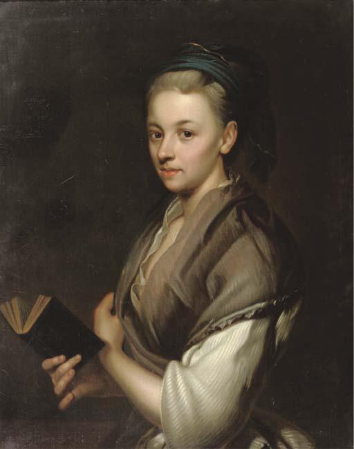 Johann Kupetzki - Portrait of Susanna Klaus, The Wife of The Artist, Half-Length, In A White Dess And Brown Shawl, Holding A Book In Her Right Hand