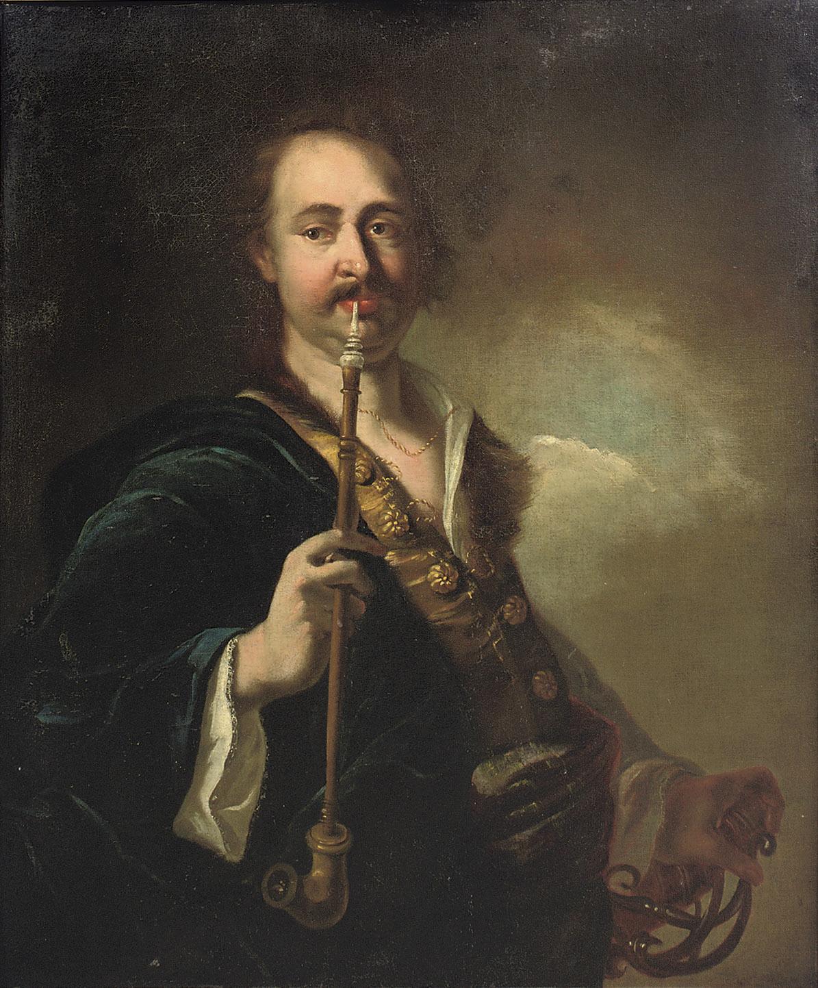 Johann Kupetzky - A portrait of a man, standing half-length, possibly the artist himself, wearing a fur-trimmed blue coat and holding a sabel and pipe