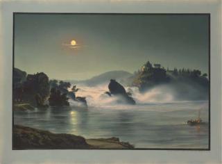 Johann Ludwig Bleuler - The Falls At Schauffhausen At Night, The Castle of Laufen In The Background