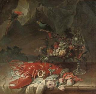 Johann Martin Metz - A lobster on a porcelain platter, a \'tazza\' with fruit and a covered glass of red wine, all on a partially draped stone ledge before a curtain with two parrots
