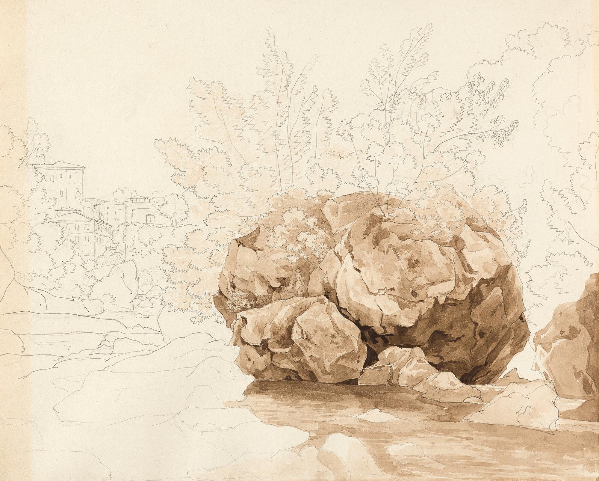 Johann Martin von Rohden - Italienische Ansicht mit großem Felsen in einem Flussbett.