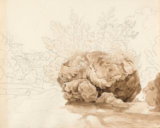 Johann Martin von Rohden - Italienische Ansicht mit großem Felsen in einem Flussbett.