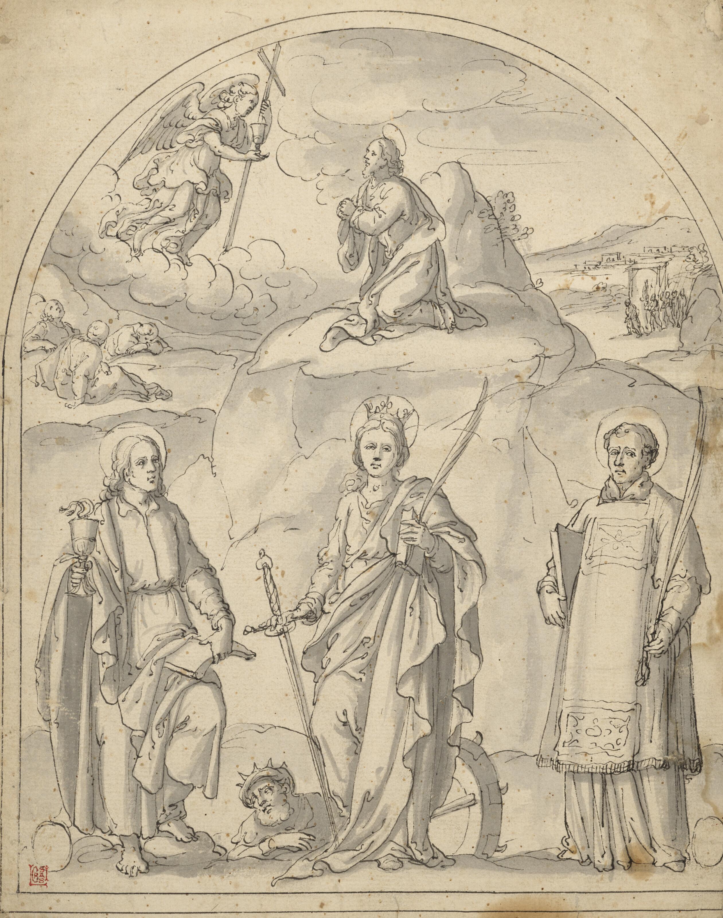 Johann Mathias Kager - Sainte Catherine entourée de Saint Jean l’Évangeliste et un saint-martyre et le Christ au mont des Oliviers
