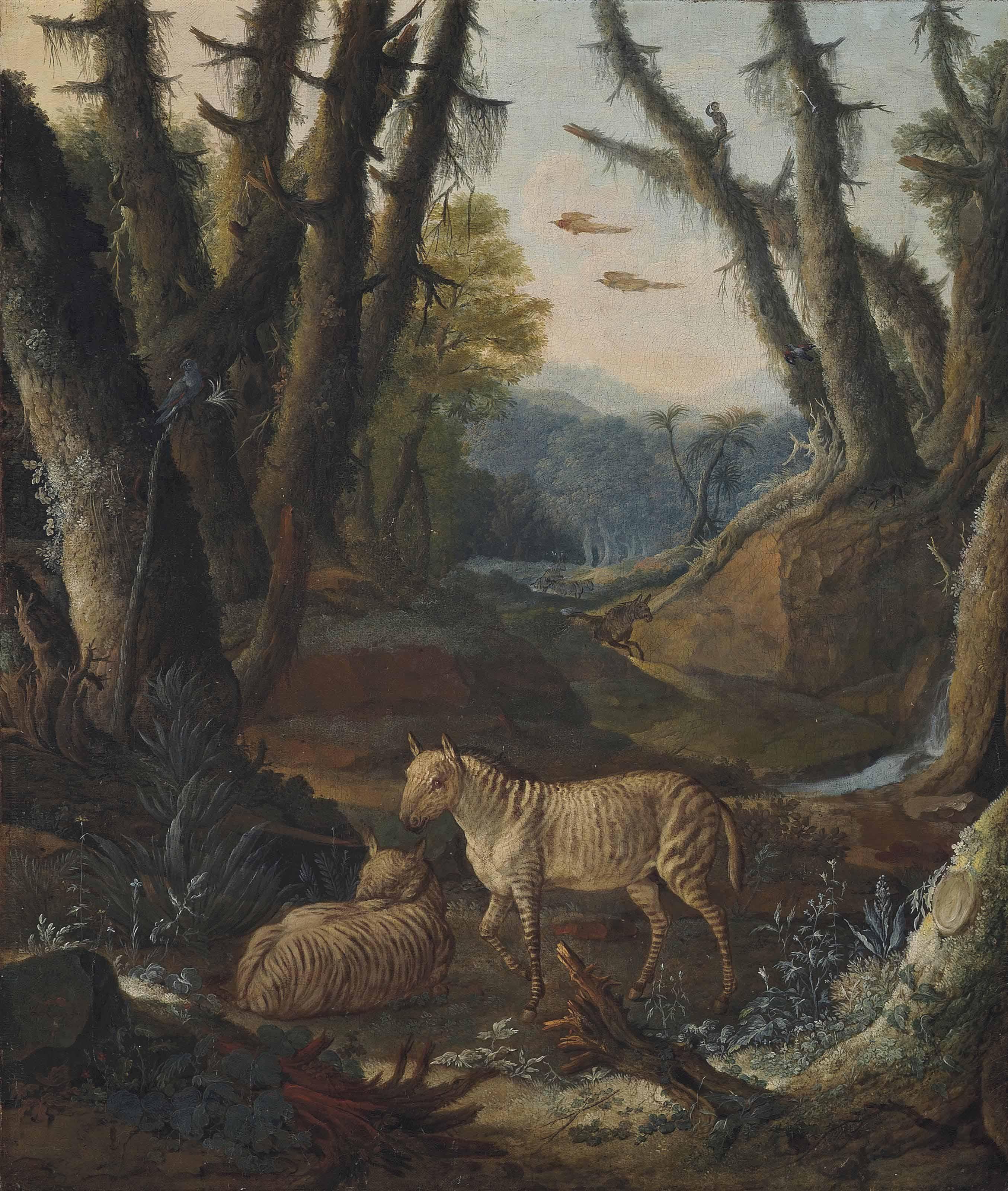 Johann Melchior Roos - A wooded landscape with zebras