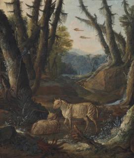 Johann Melchior Roos - A wooded landscape with zebras