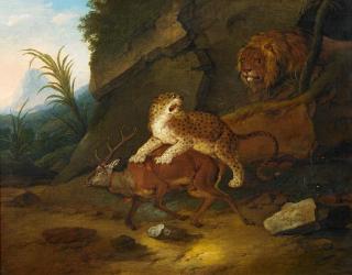 Johann Melchior Roos - Leopard und Löwe mit erlegtem Hirschen in orientalischer Landschaft