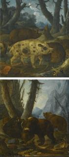 Johann Melchior Roos - Wild Boars In A Wooded Landscape; And Bears In A Wooded Landscape