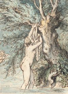 Johann Michael Mettenleiter - Badende unter einem Weidenbaum, von einem Bärtigen beobachtet