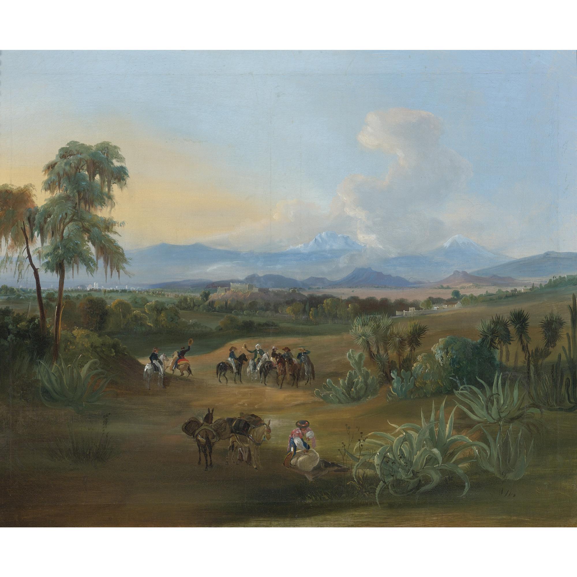 Johann Moritz Rugendas - Vista Del Valle De México Con Arriero Y Jinetes En Primer Plano Y Los Volcanes Popocatépetl E Iztaccíhuatl Al Fondo