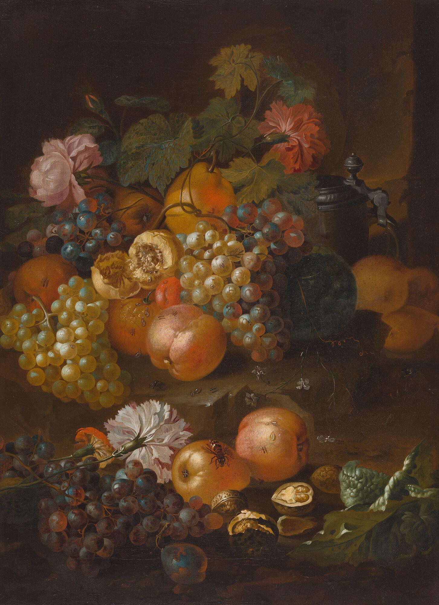 Johann Nepomuk Mayrhofer - Stillleben mit Blumen, Früchten und Insekten.