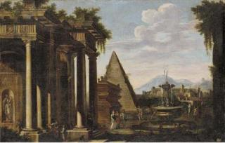 Johann Oswald Harms - A capriccio of classical ruins with figures around a fountain, a fortified city and mountainous landscape beyond