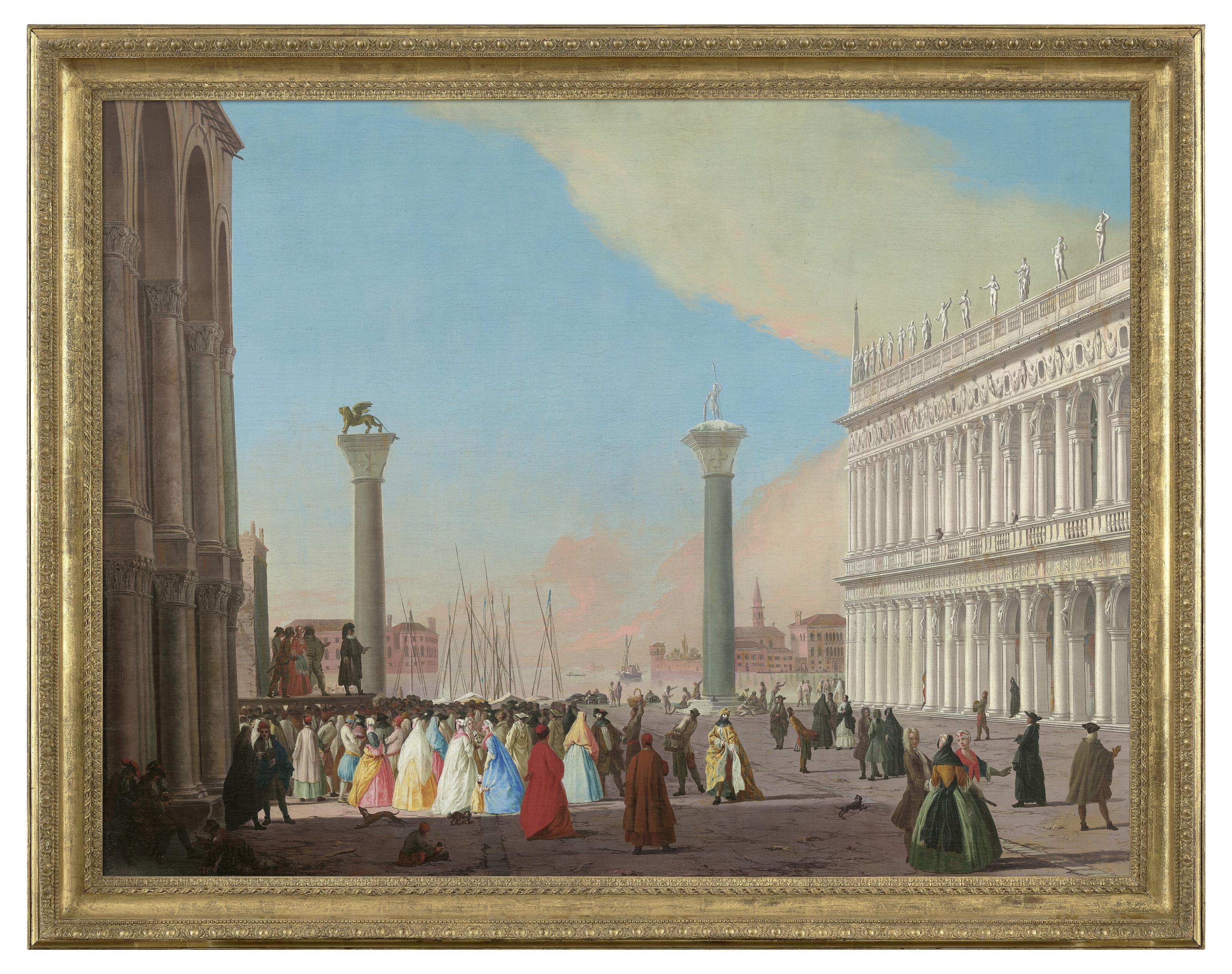 Johann Richter - Venice, the Piazzetta looking south from the Basilica di San Marco with the Biblioteca and a crowd gathered to watch a Commedia dell\'arte performance