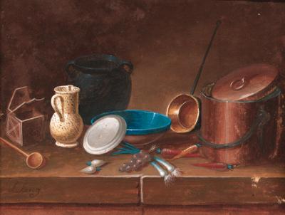 Johann Rudolf Feyerabend - Still Life with a copper pan and vegetables on a ledge; and Still Life with Vases, a pan, asparagus and eggs on a ledge