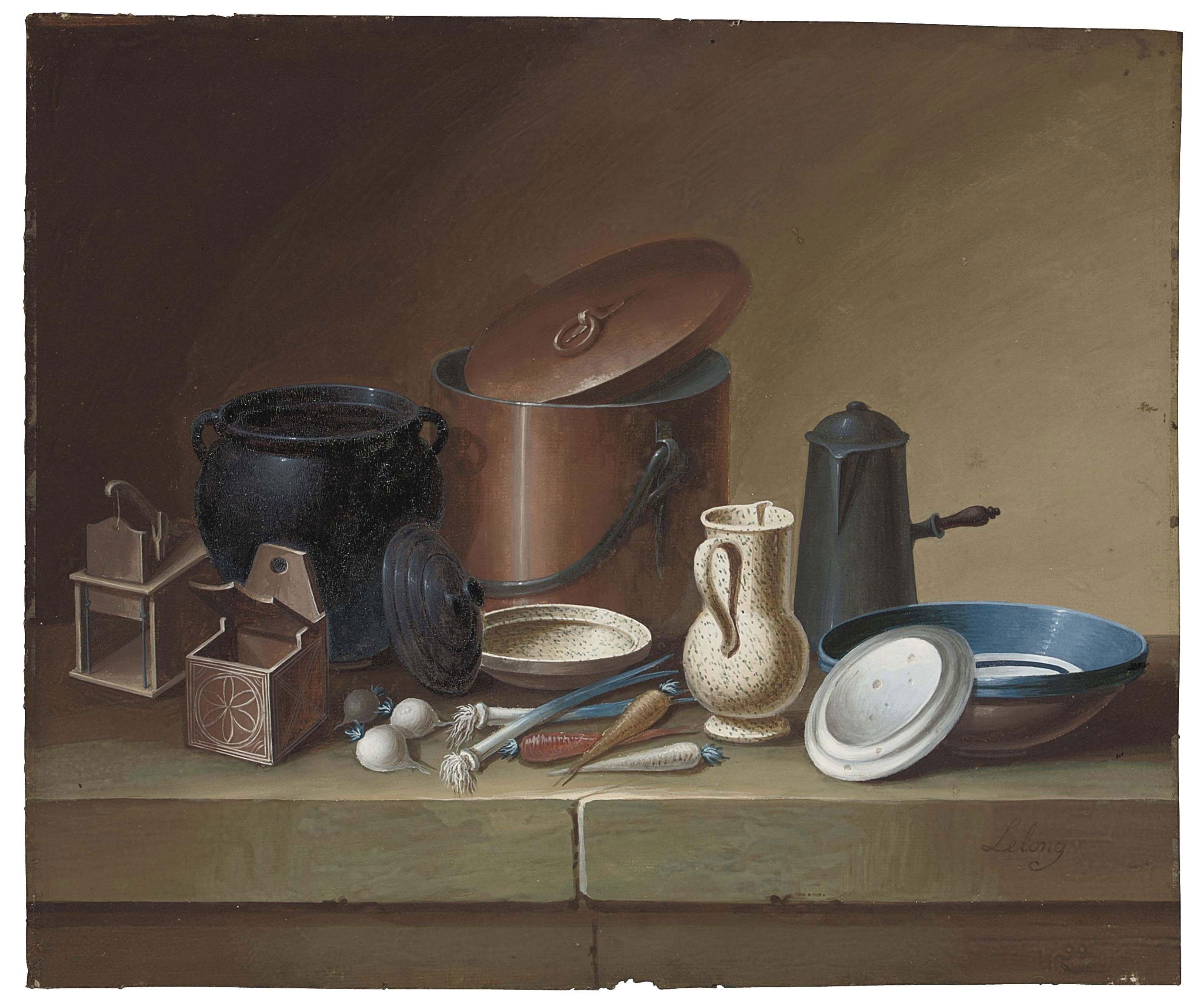 Johann Rudolf Feyerabend - Still life with crockery, eggs and a bunch of asparagus; and Still life with crockery, vegetables and a mousetrap (illustrated)