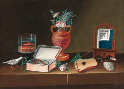 Johann Rudolf Feyerabend - Still life with flowers in an urn, a musical stand, goldfish in a tank a dove, guitar and umbrella on a ledge; and Still life with flowers in an urn, turnips, wine, a goldfinch and flowers on a ledge