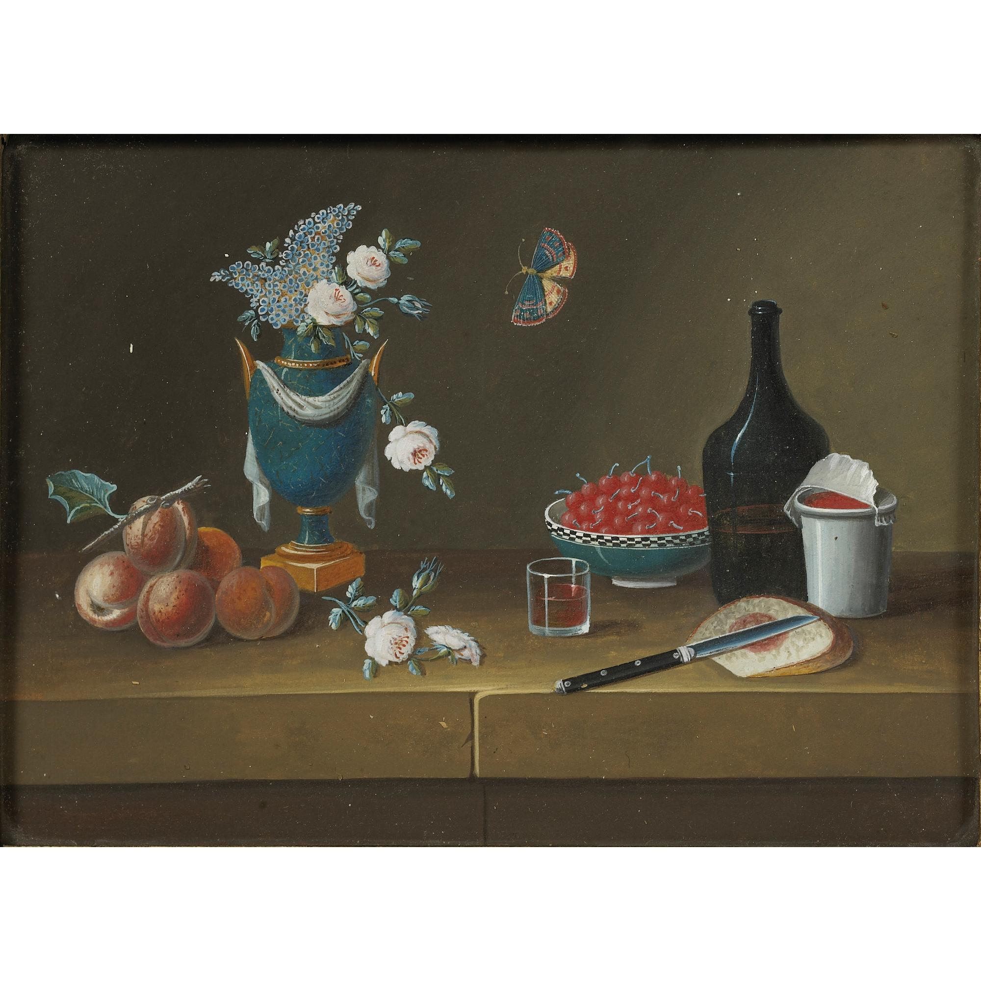 Johann Rudolff Feyerabend - Natures Mortes Aux Vases, Fruits, Perroquet, Mandoline Et Chevalet
