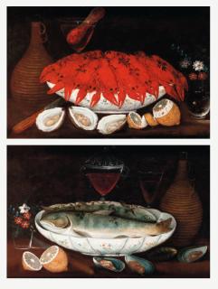 Johann Seitz - Crayfish and salmon in porcelain bowls, oysters, lemons, flowers in vases, fiaschi, knives and faon-de-Venise wine glasses on tables