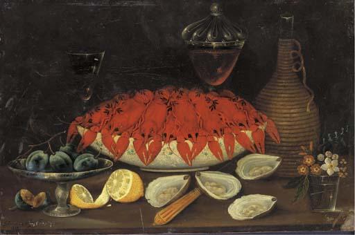 Johann Seitz - Crayfish in a porcelain bowl and plums on a tazza, with façon de Venise glasses, oysters and a lemon, on a table
