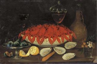 Johann Seitz - Crayfish in a porcelain bowl and plums on a tazza, with façon de Venise glasses, oysters and a lemon, on a table