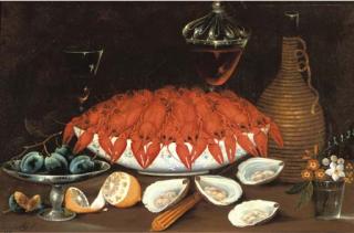 Johann Seitz - Crayfish In A Porcelain Bowl, Oysters, A Partially Peeled Lemon, Plums In A Silver Dish, Two Glasses of Wine, A Bottle And A Glass With Flowers On Table