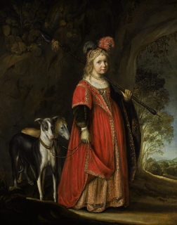 Johann Spilberg - Portrait Of A Young Girl As A Huntress, With Two Hounds In A Landscape