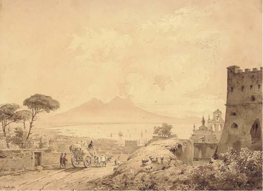 Johann Ulrich - The Bay of Naples from Castel Sant\'Elmo, Vesuvius seen in the distance