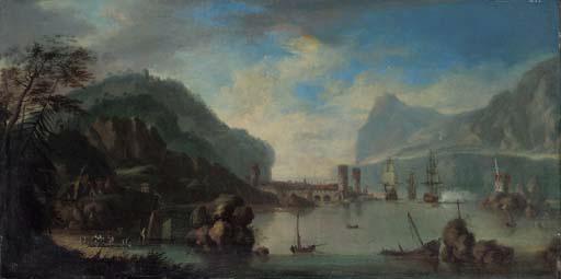 Johann Van Der Hagen - A Rhenish harbour with a man-o\'-war firing a salute