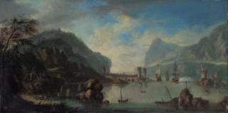 Johann Van Der Hagen - A Rhenish harbour with a man-o\'-war firing a salute