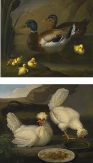 Johann Wenzel Peter - A Pair Of Ducks With Four Ducklings; Two Chickens