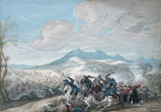 Johann Wilhelm Baur - A cavalry skirmish in an extensive mountainous landscape