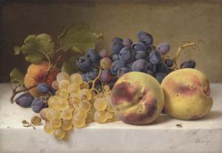 Johann Wilhelm Preyer - A Still Life with Peaches and Grapes on a Marble Ledge