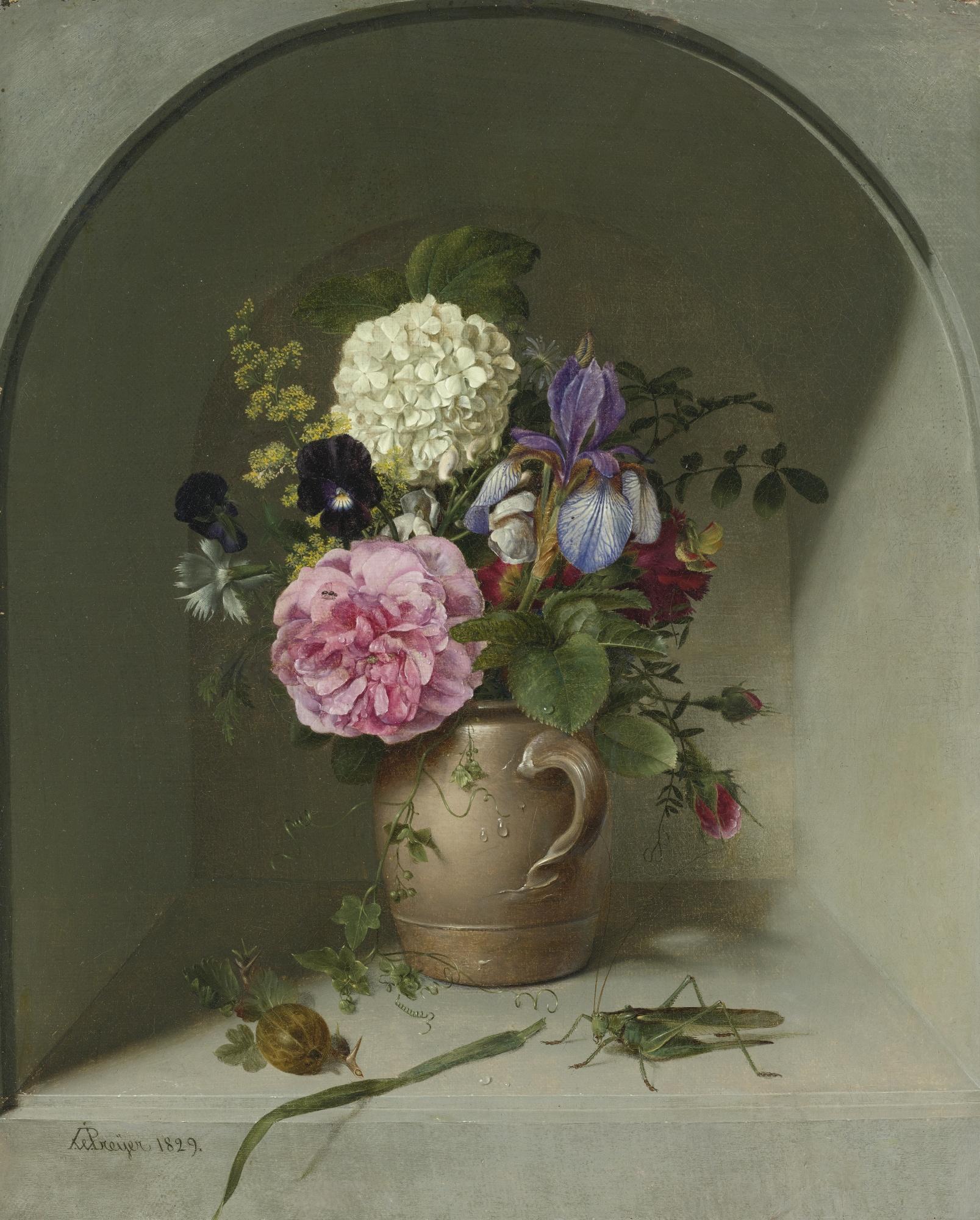 Johann Wilhelm Preyer - German flowers In A Clay Jug On A Nich e With Grasshopper